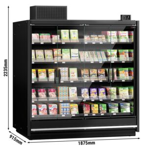 Profesionálna nástenná supermarketová chladiaca vitrína — šírka 1875 mm, dvojité zasklenie, bezrámové sklenené dvere, 5 políc