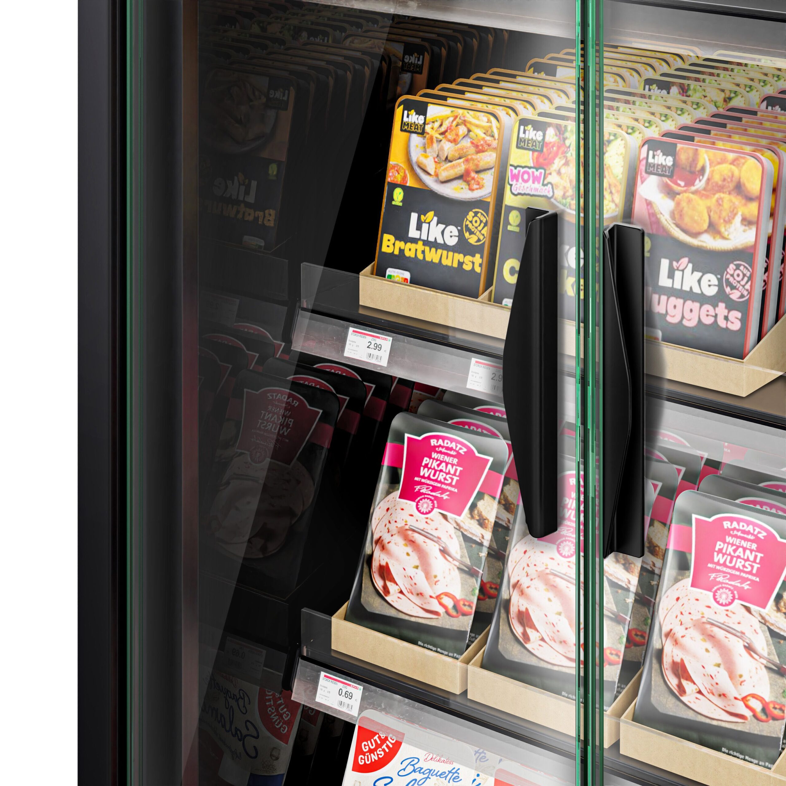 Profesionálna nástenná supermarketová chladiaca vitrína — šírka 7500 mm, dvojité zasklenie, bezrámové sklenené dvere, 5 políc, sada 4 ks – Obrázok 13