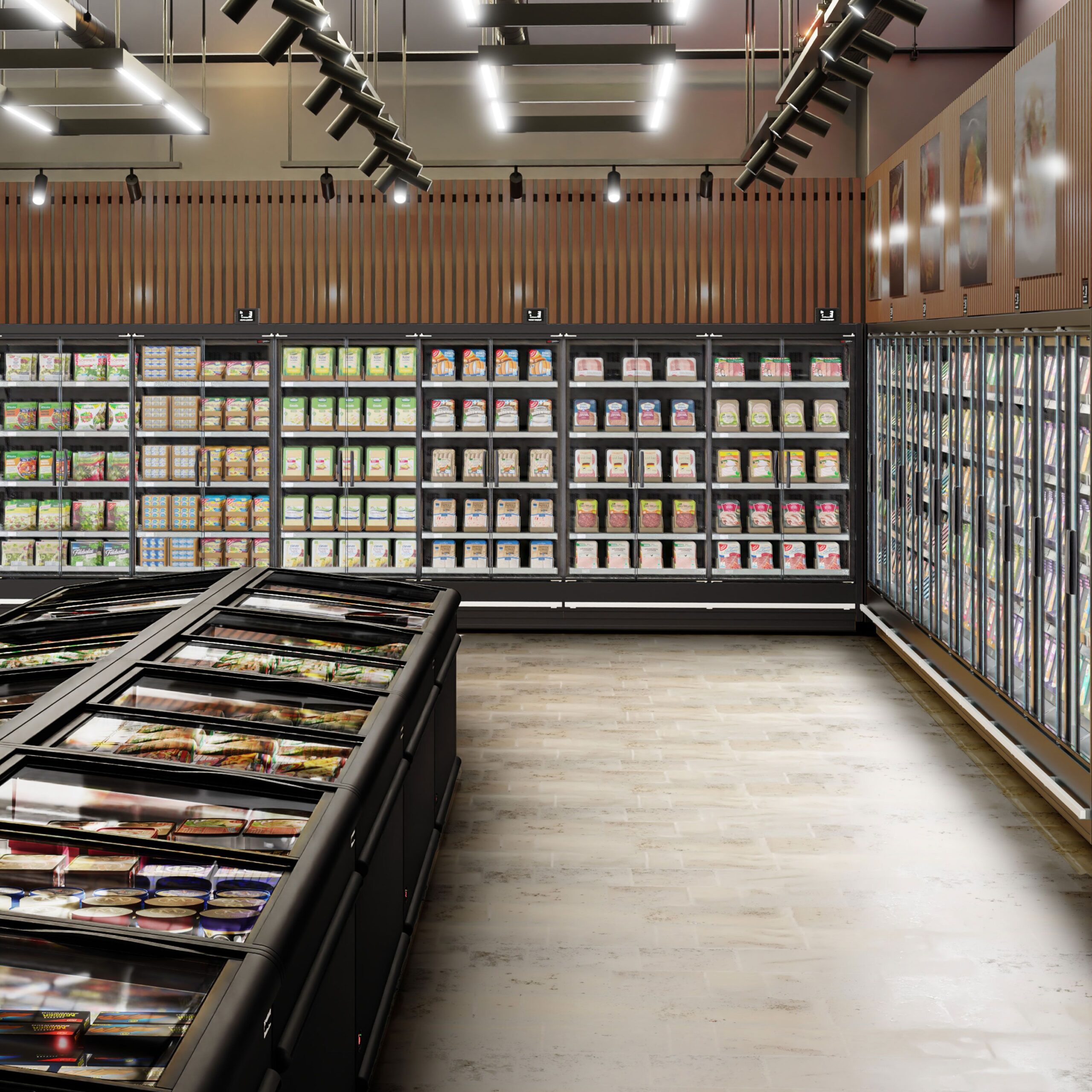 Profesionálna nástenná supermarketová chladiaca vitrína — šírka 7500 mm, dvojité zasklenie, bezrámové sklenené dvere, 5 políc, sada 4 ks – Obrázok 7