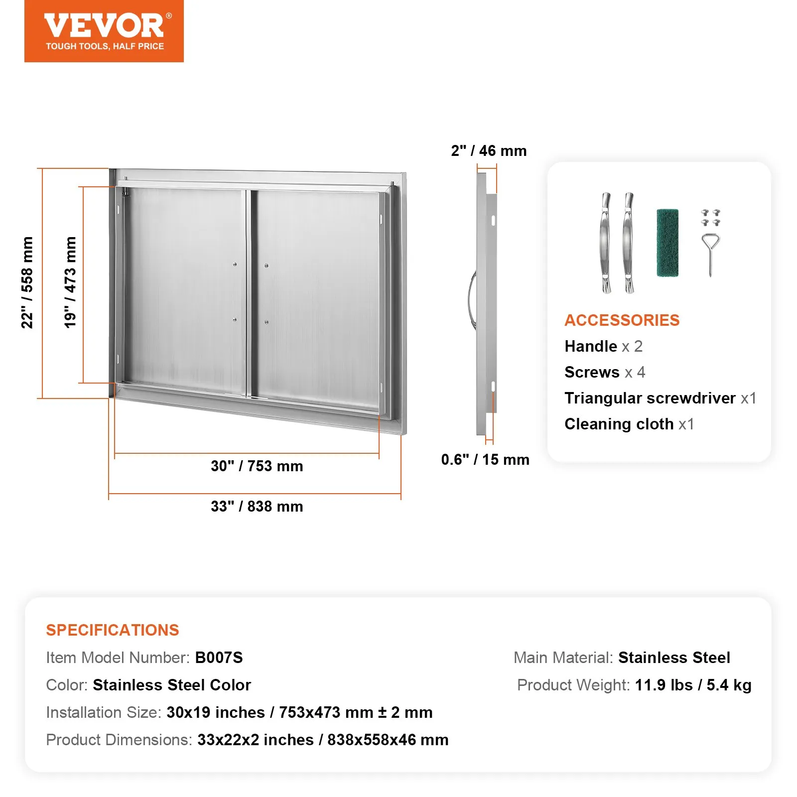 Nerezové prístupové dvierka - dvojité, zapustené, zvislé nástenné, s úchytkami, rozmery 838 x 558 x 46 mm, pre grilovací ostrovček, stanicu a vonkajšiu skrinku – Obrázok 2