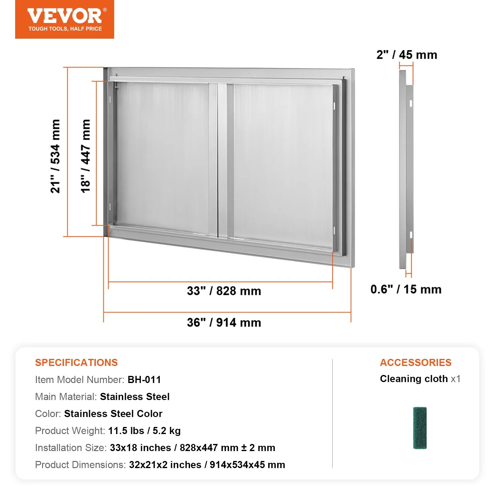 Nerezové prístupové dvierka - dvojité, zapustené, zvislé nástenné, s výsuvnými rukoväťami, rozmery 914 x 534 mm, pre grilovací ostrovček, stanicu a vonkajšiu skrinku – Obrázok 3