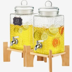 Sklenený dávkovač nápojov – párty zásobník, objem 5,5 l, kovový stojan, nerezový kohútik, na džús a limonádu