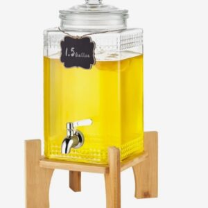 Sklenený dávkovač nápojov – párty zásobník, objem 5,5 l, kovový stojan, nerezový kohútik, na limonádu a džús