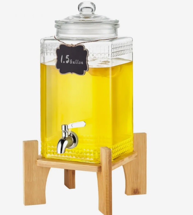 Sklenený dávkovač nápojov – párty zásobník, objem 5,5 l, kovový stojan, nerezový kohútik, na limonádu a džús