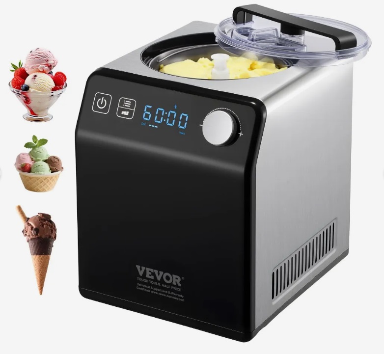 Domáci výrobník zmrzliny – kompresorový stroj na mrazený jogurt, objem 2 l, výkon 180 W, 3 prevádzkové režimy, tichý chod, čierny
