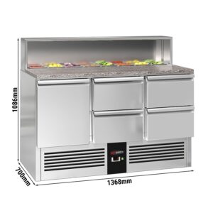Chladiaca saladeta PREMIUM — šírka 1368 mm, 1x dvierka + 4x zásuvka, nerezová doska, pre 8x GN 1/6