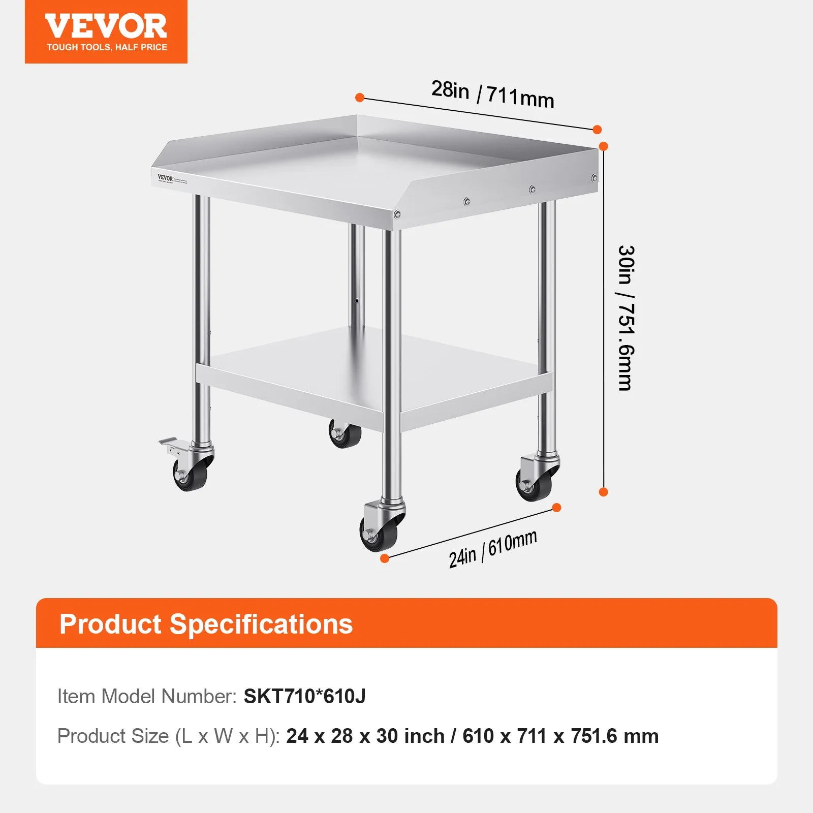 Nerezový pracovný stôl - so 4 kolieskami, otočné kolieska, 3-stranná ochrana proti striekaniu, rozmery 610 x 711 x 762 mm, na prípravu jedla, do reštaurácií – Obrázok 4