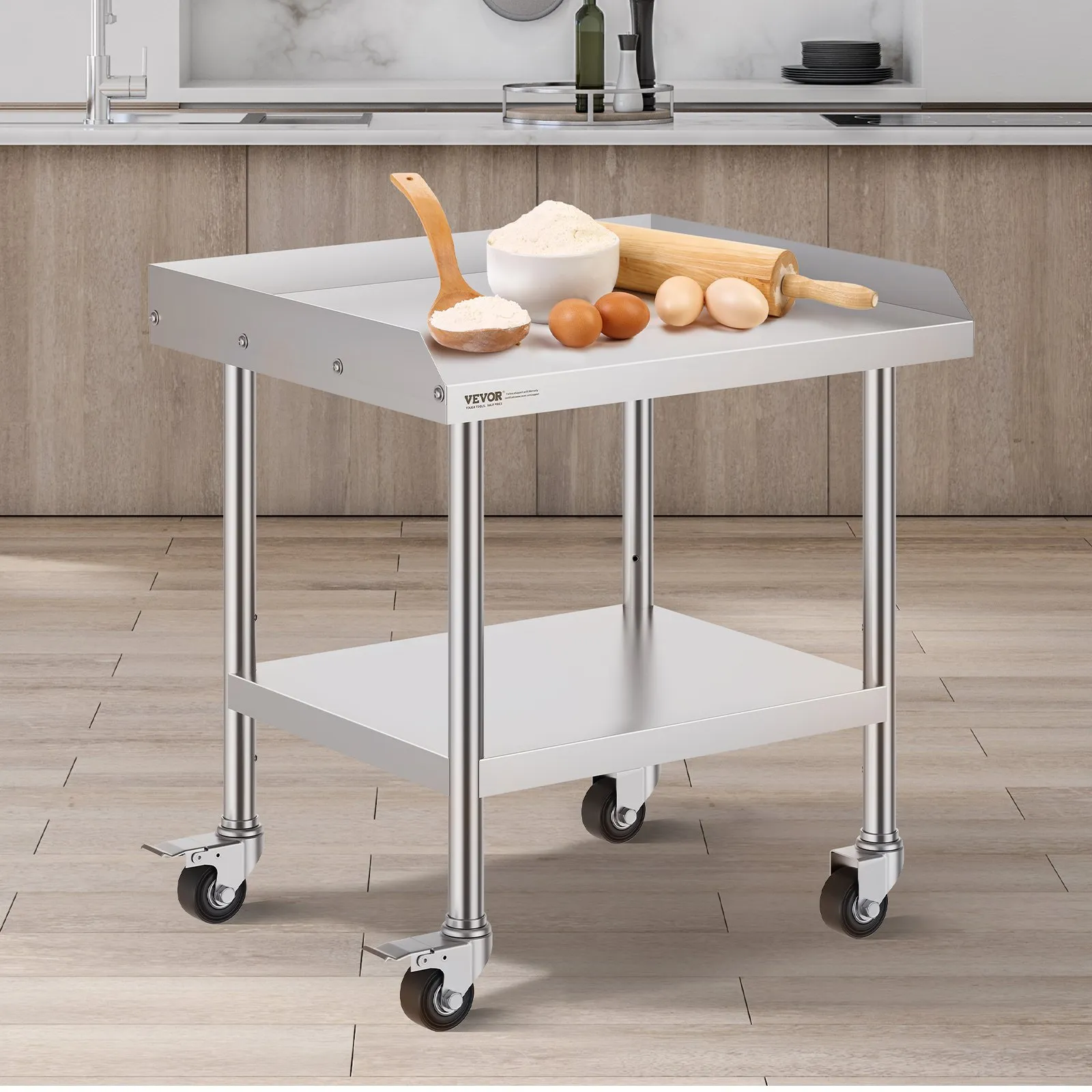 Nerezový pracovný stôl - so 4 kolieskami, otočné kolieska, 3-stranná ochrana proti striekaniu, rozmery 610 x 711 x 762 mm, na prípravu jedla, do reštaurácií – Obrázok 3