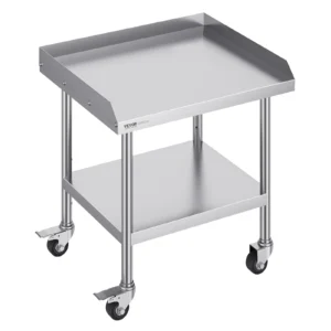 Nerezový pracovný stôl - so 4 kolieskami, otočné kolieska, 3-stranná ochrana proti striekaniu, rozmery 610 x 711 x 762 mm, na prípravu jedla, do reštaurácií