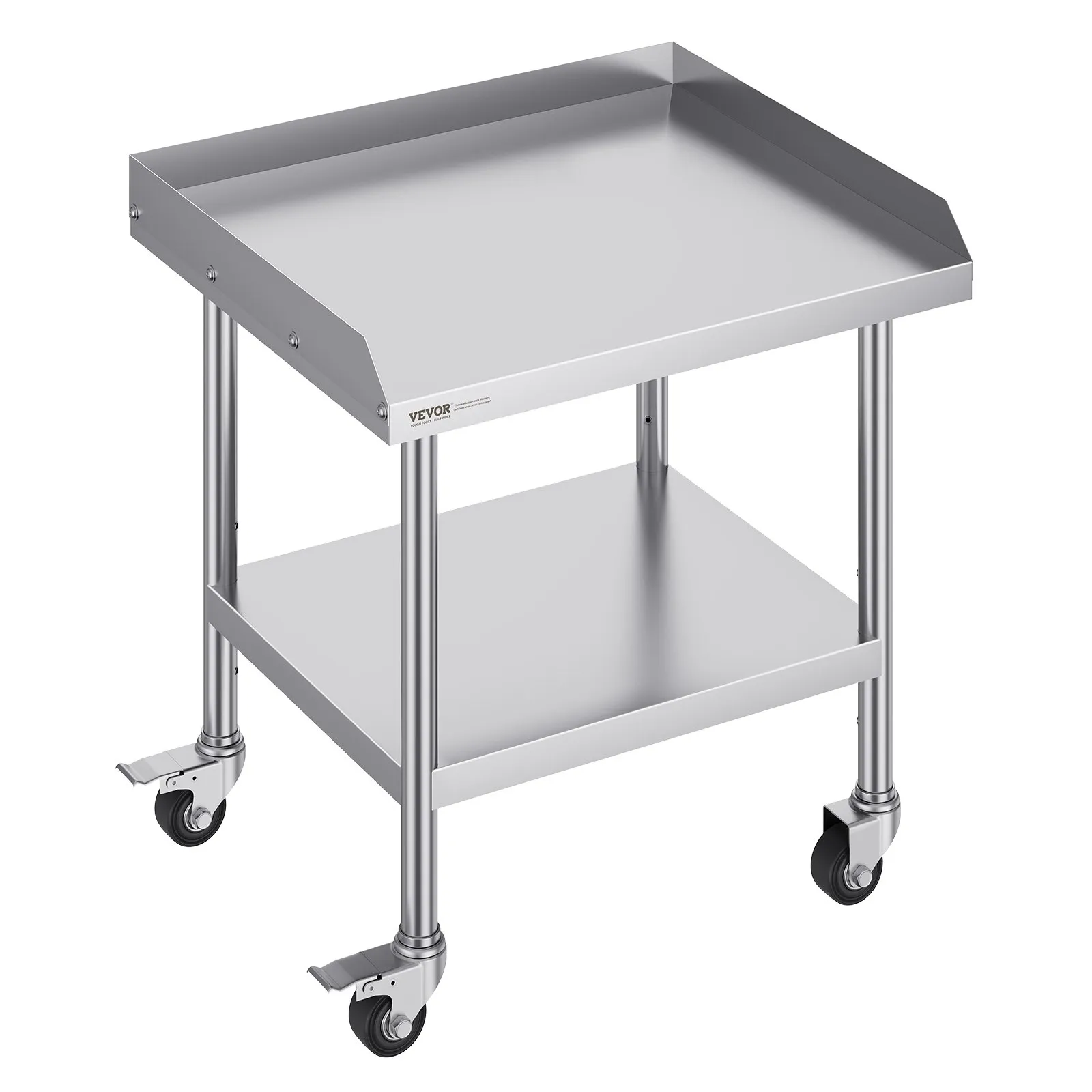 Nerezový pracovný stôl - so 4 kolieskami, otočné kolieska, 3-stranná ochrana proti striekaniu, rozmery 610 x 711 x 762 mm, na prípravu jedla, do reštaurácií
