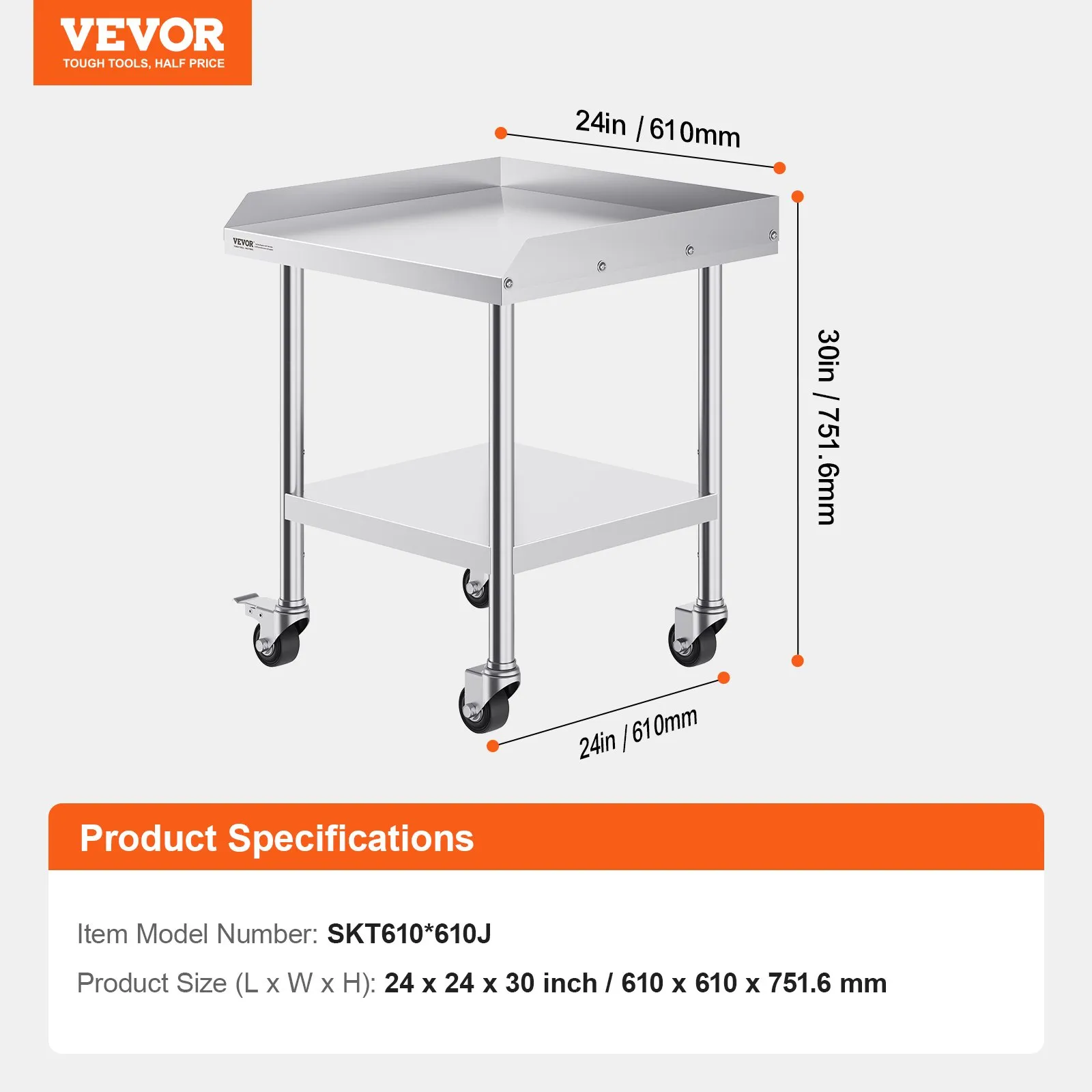 Nerezový pracovný stôl - komerčný, so 4 kolieskami, 3-stranná ochrana proti striekaniu, rozmery 610 x 610 x 762 mm, na prípravu jedál, do reštaurácií – Obrázok 4