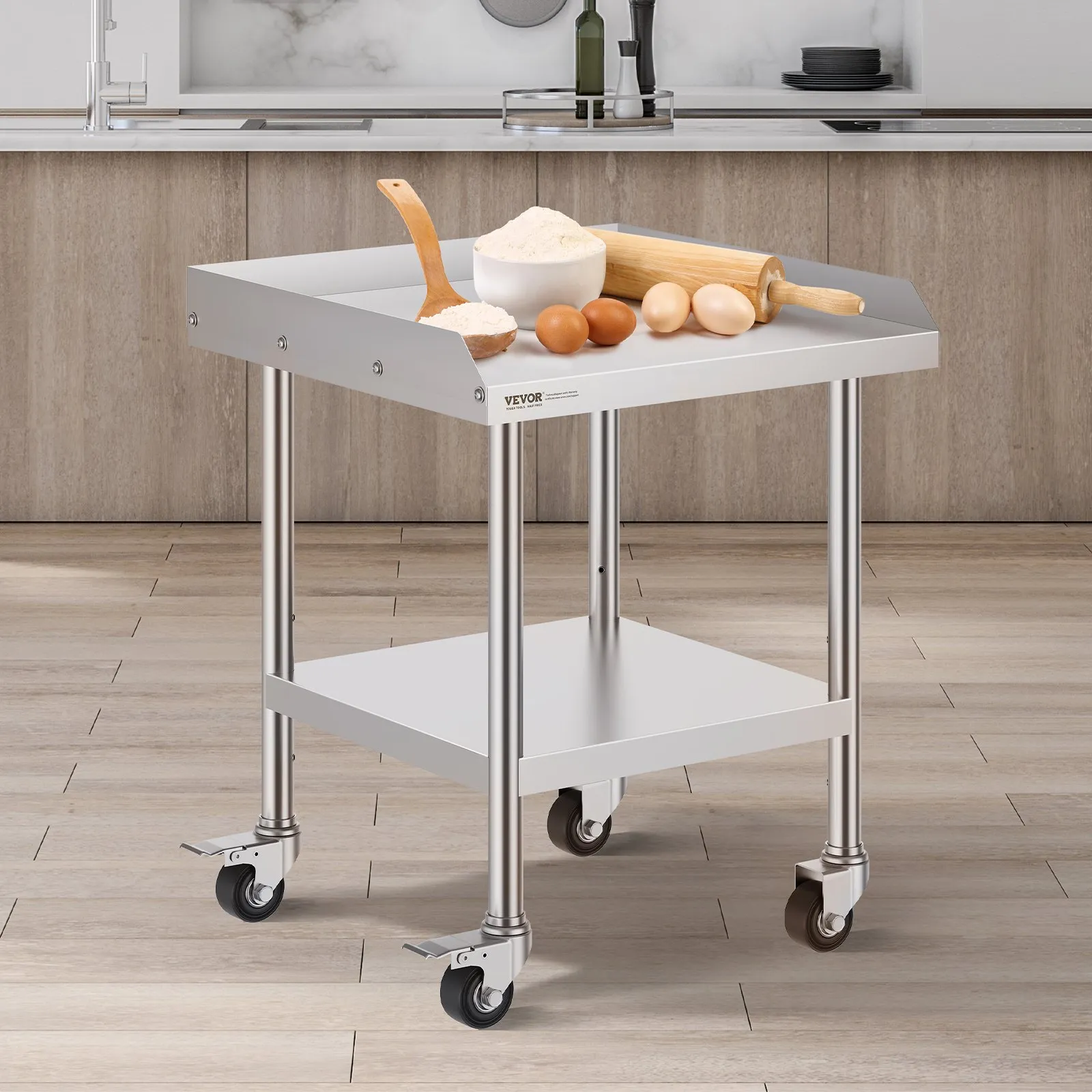 Nerezový pracovný stôl - komerčný, so 4 kolieskami, 3-stranná ochrana proti striekaniu, rozmery 610 x 610 x 762 mm, na prípravu jedál, do reštaurácií – Obrázok 3
