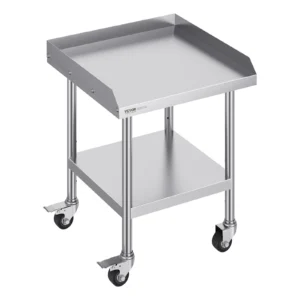 Nerezový pracovný stôl - komerčný, so 4 kolieskami, 3-stranná ochrana proti striekaniu, rozmery 610 x 610 x 762 mm, na prípravu jedál, do reštaurácií
