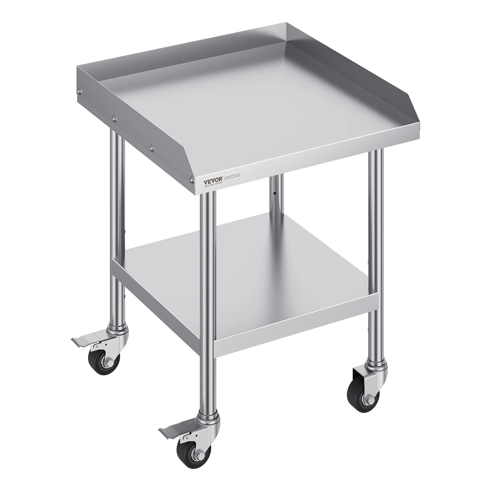 Nerezový pracovný stôl - komerčný, so 4 kolieskami, 3-stranná ochrana proti striekaniu, rozmery 610 x 610 x 762 mm, na prípravu jedál, do reštaurácií