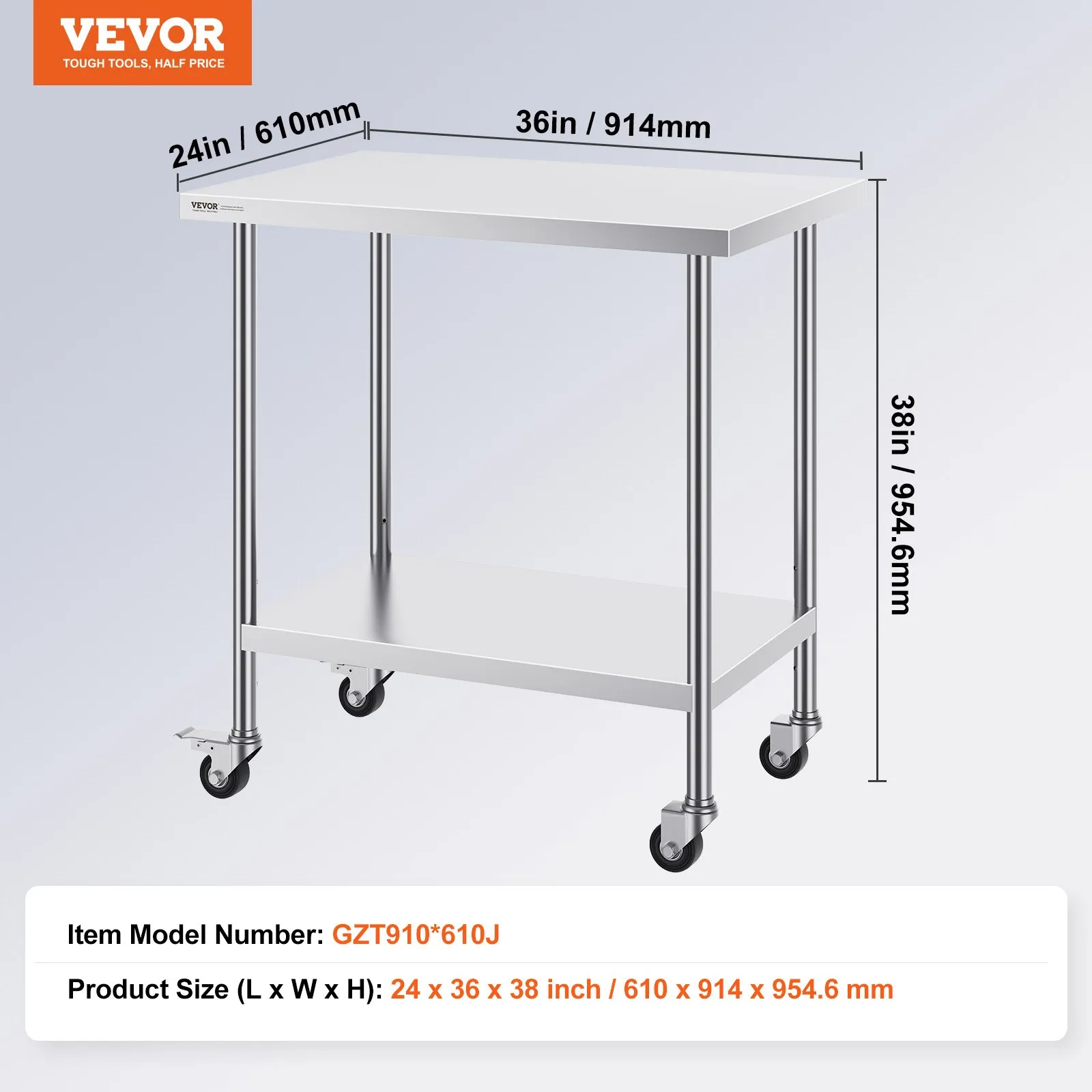 Nerezový pracovný stôl - so 4 kolieskami, 3 nastaviteľné výšky, rozmery 610 x 914 x 954,6 mm, na prípravu jedla, pre komerčné kuchyne a reštaurácie – Obrázok 4