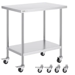 Nerezový pracovný stôl - so 4 kolieskami, 3 nastaviteľné výšky, rozmery 610 x 914 x 954,6 mm, na prípravu jedla, pre komerčné kuchyne a reštaurácie