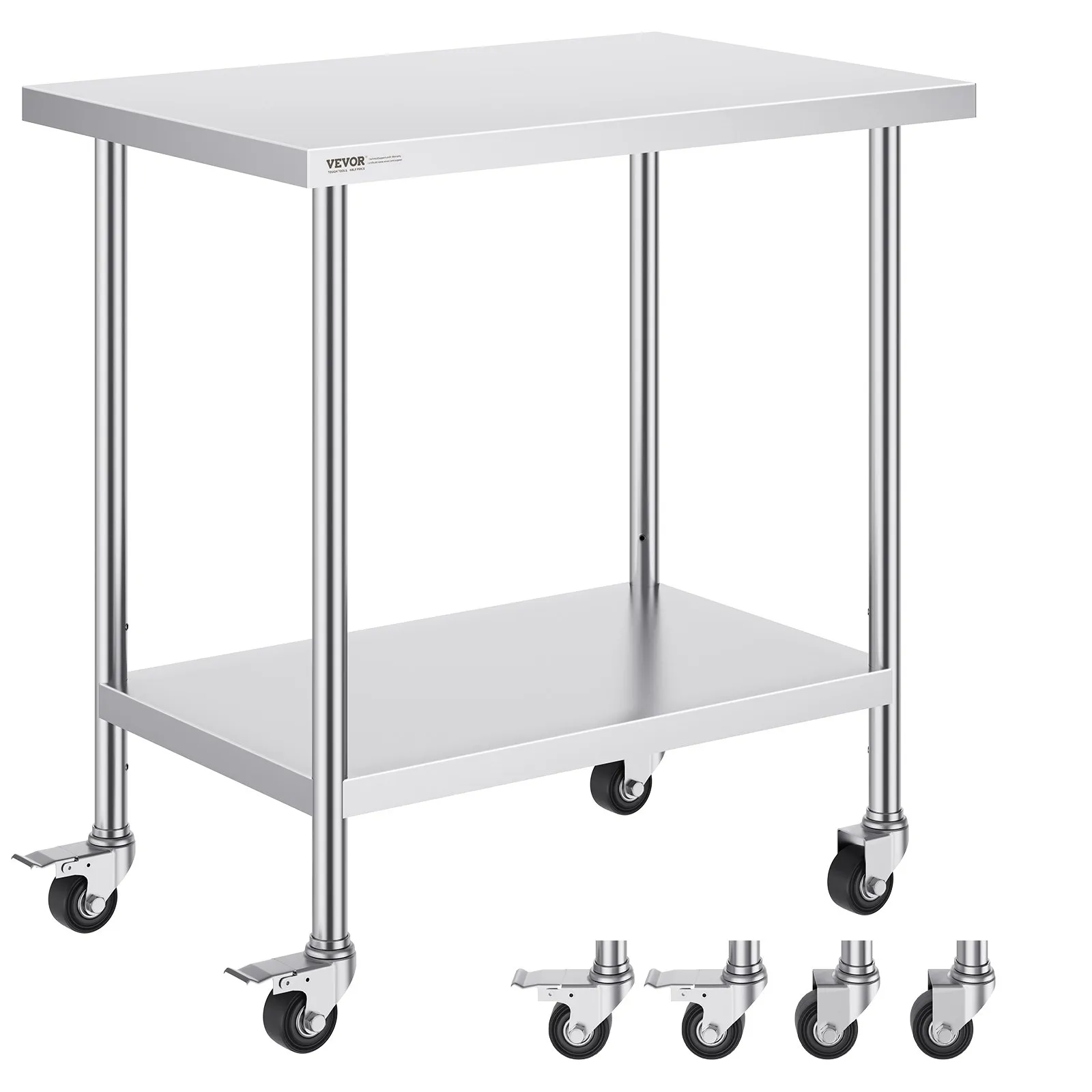 Nerezový pracovný stôl - so 4 kolieskami, 3 nastaviteľné výšky, rozmery 610 x 914 x 954,6 mm, na prípravu jedla, pre komerčné kuchyne a reštaurácie