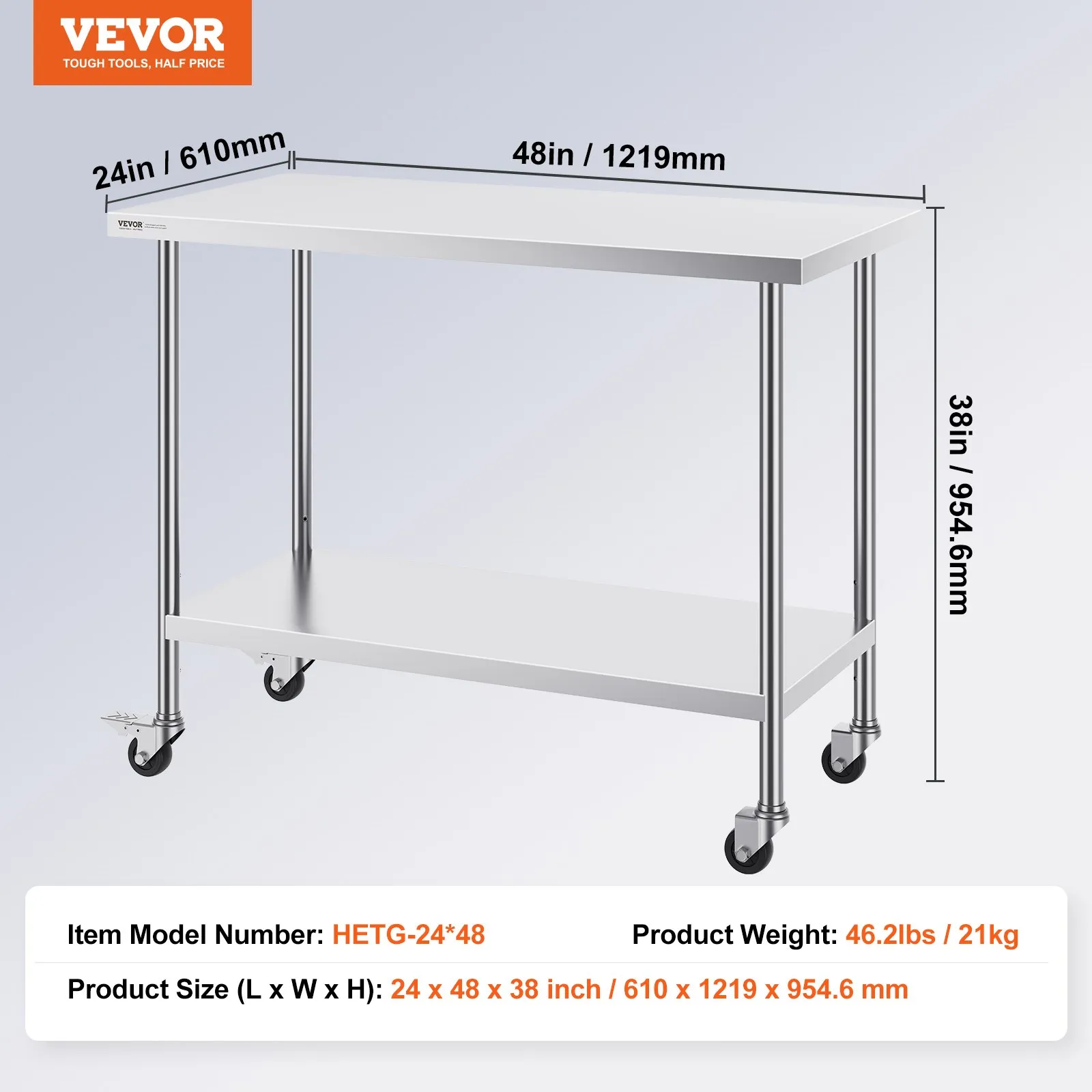 Nerezový pracovný stôl - kuchynský stôl na kolieskach, 3 nastaviteľné výšky, robustný, rozmery 610 x 1219 x 954,6 mm, na prípravu jedál, pre komerčné kuchyne a reštaurácie – Obrázok 4