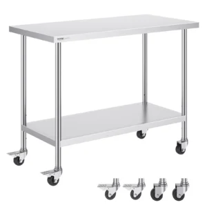 Nerezový pracovný stôl - kuchynský stôl na kolieskach, 3 nastaviteľné výšky, robustný, rozmery 610 x 1219 x 954,6 mm, na prípravu jedál, pre komerčné kuchyne a reštaurácie