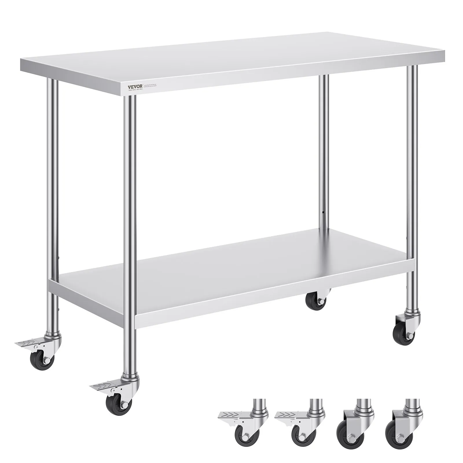 Nerezový pracovný stôl - kuchynský stôl na kolieskach, 3 nastaviteľné výšky, robustný, rozmery 610 x 1219 x 954,6 mm, na prípravu jedál, pre komerčné kuchyne a reštaurácie