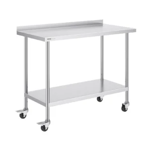 Nerezový pracovný stôl - robustný kovový, s nastaviteľným chrbtovým panelom, so 4 kolieskami, rozmery 76,2 x 61 x 89 cm, nosnosť 200 kg, komerčná pracovná stanica pre kuchyne a reštaurácie