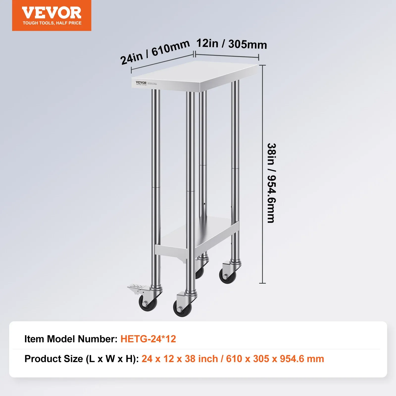 Nerezový pracovný stôl - mobilný, prípravný, 3 nastaviteľné výškové úrovne, robustný, rozmery 610 x 350 x 954,6 mm, na prípravu jedál v komerčných kuchyniach a reštauráciách – Obrázok 4