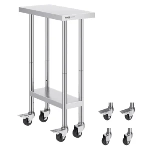 Nerezový pracovný stôl - mobilný, prípravný, 3 nastaviteľné výškové úrovne, robustný, rozmery 610 x 350 x 954,6 mm, na prípravu jedál v komerčných kuchyniach a reštauráciách