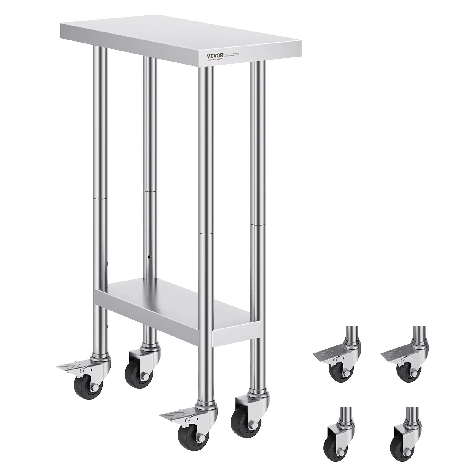 Nerezový pracovný stôl - so 4 kolieskami, 3 nastaviteľné výšky, rozmery 762 x 305 x 954,6 mm, na prípravu jedál, pre komerčné reštaurácie