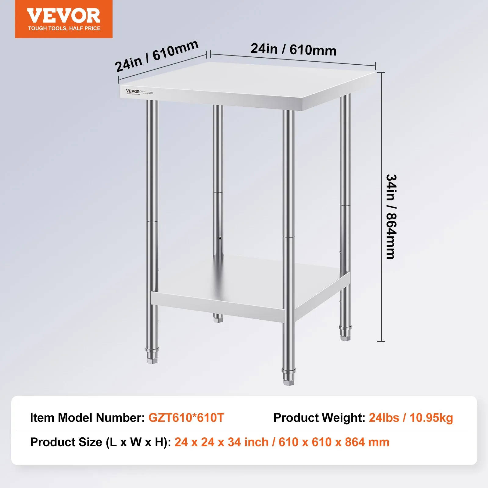 Nerezový pracovný stôl - robustný kovový, komerčná pracovná stanica, 3 nastaviteľné výškové úrovne, rozmery 610 x 610 x 864 mm, do kuchyne, garáže, reštaurácie a záhrady – Obrázok 2