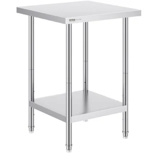 Nerezový pracovný stôl - robustný kovový, komerčná pracovná stanica, 3 nastaviteľné výškové úrovne, rozmery 610 x 610 x 864 mm, do kuchyne, garáže, reštaurácie a záhrady