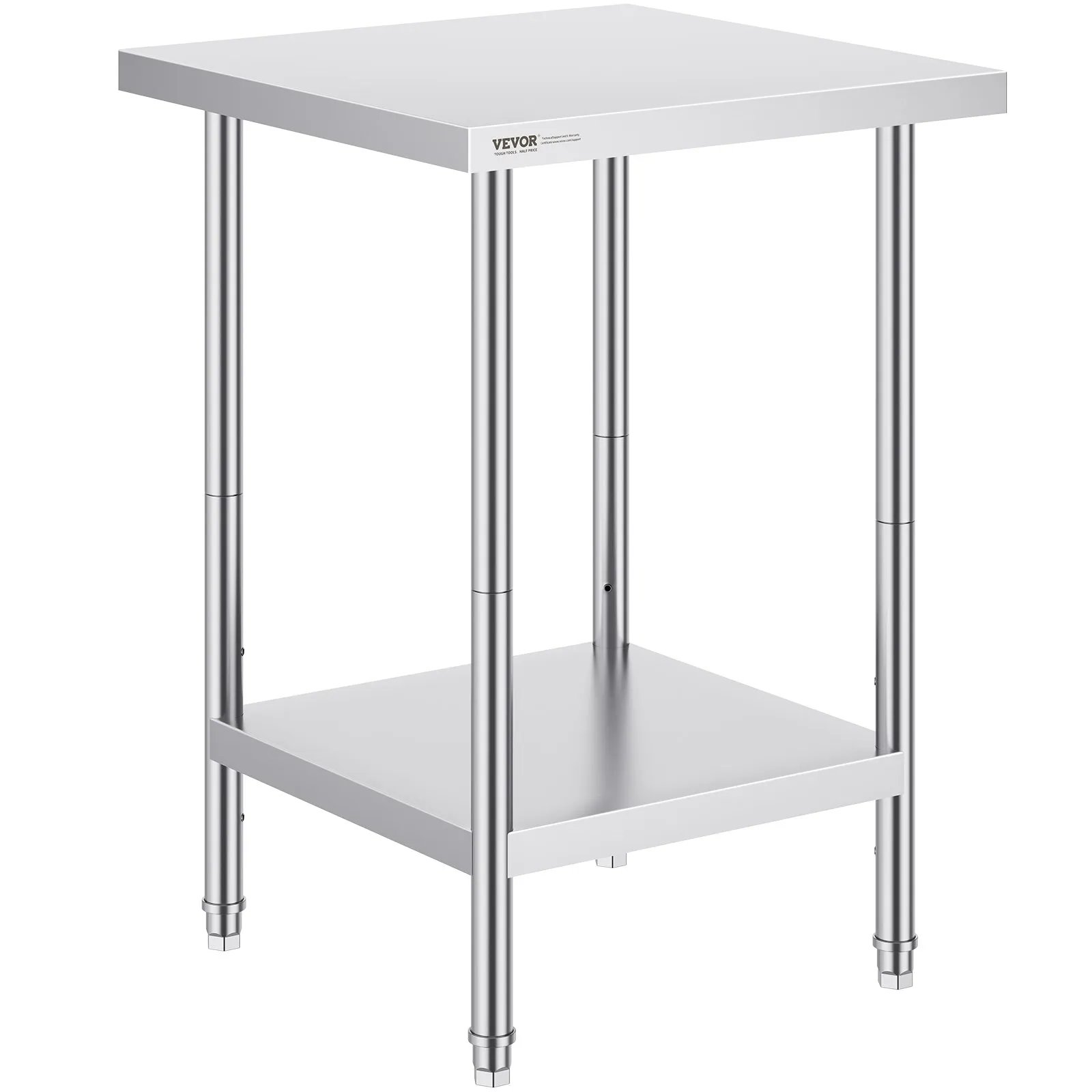 Nerezový pracovný stôl - robustný kovový, komerčná pracovná stanica, 3 nastaviteľné výškové úrovne, rozmery 610 x 610 x 864 mm, do kuchyne, garáže, reštaurácie a záhrady