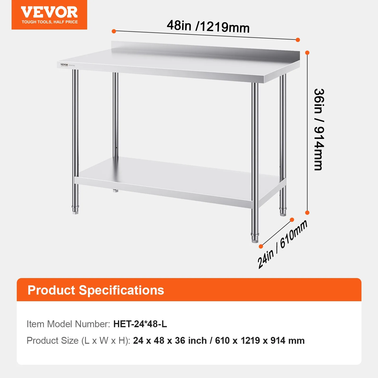 Nerezový pracovný stôl - komerčný, robustný kovový, výškovo nastaviteľný, rozmery 610 x 1219 x 914 mm, pre reštaurácie, domácnosti a hotely – Obrázok 4
