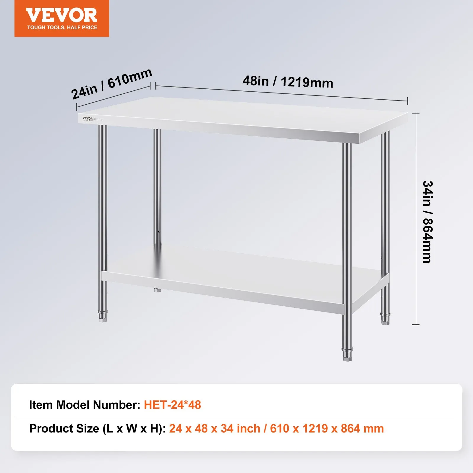 Nerezový pracovný stôl - robustný, komerčná pracovná stanica, 3 nastaviteľné výškové úrovne, rozmery 610 x 1219 x 864 mm, do kuchyne, garáže, reštaurácie a záhrady – Obrázok 3