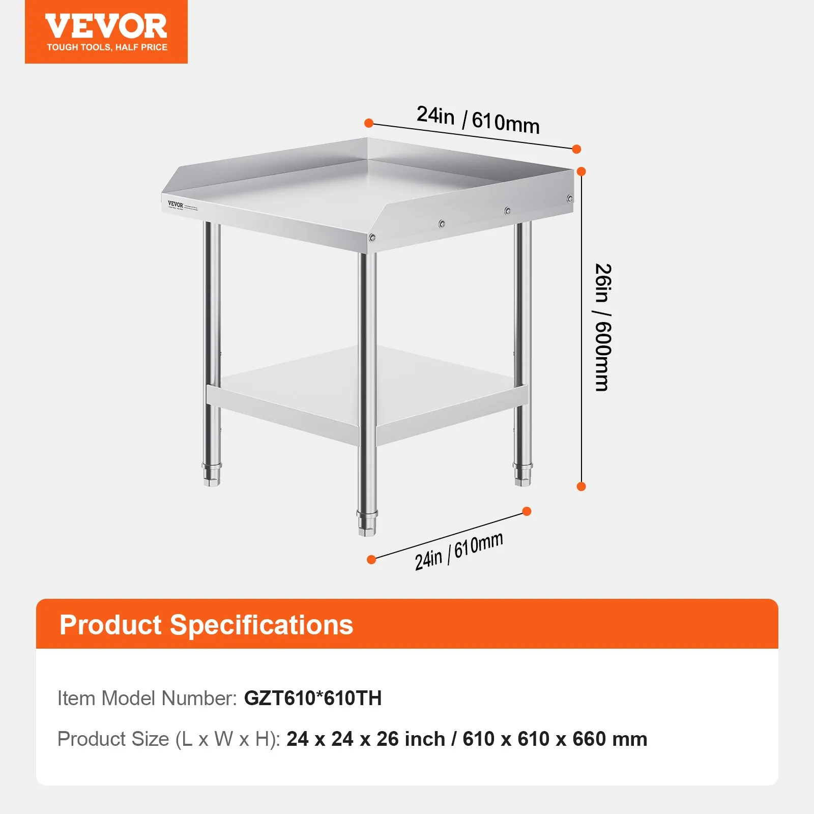 Nerezový pracovný stôl - komerčný, 3-stranná ochrana proti striekaniu, výškovo nastaviteľný, rozmery 610 x 610 x 660 mm, na prípravu jedál, pre hotely – Obrázok 3