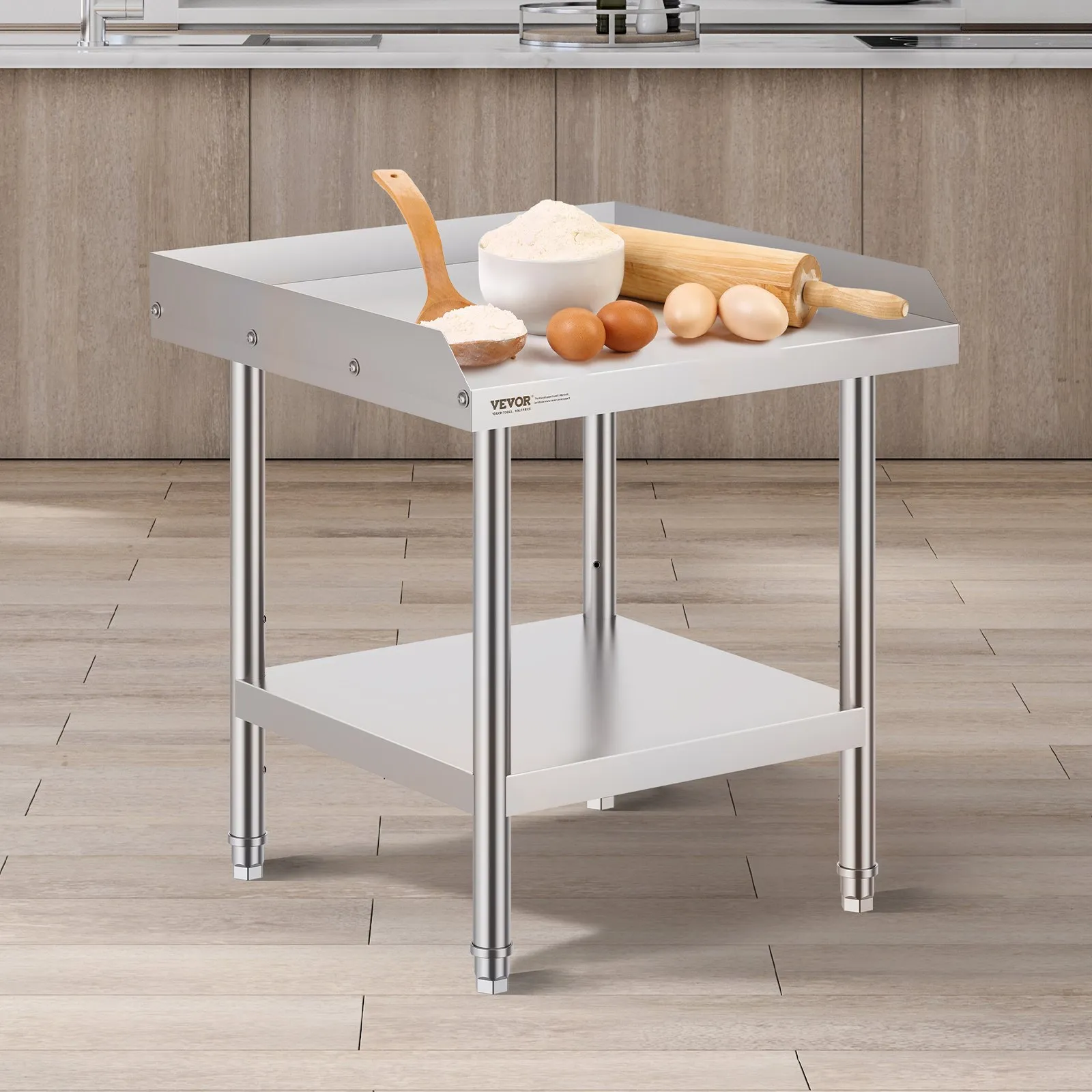 Nerezový pracovný stôl - komerčný, 3-stranná ochrana proti striekaniu, výškovo nastaviteľný, rozmery 610 x 610 x 660 mm, na prípravu jedál, pre hotely – Obrázok 2