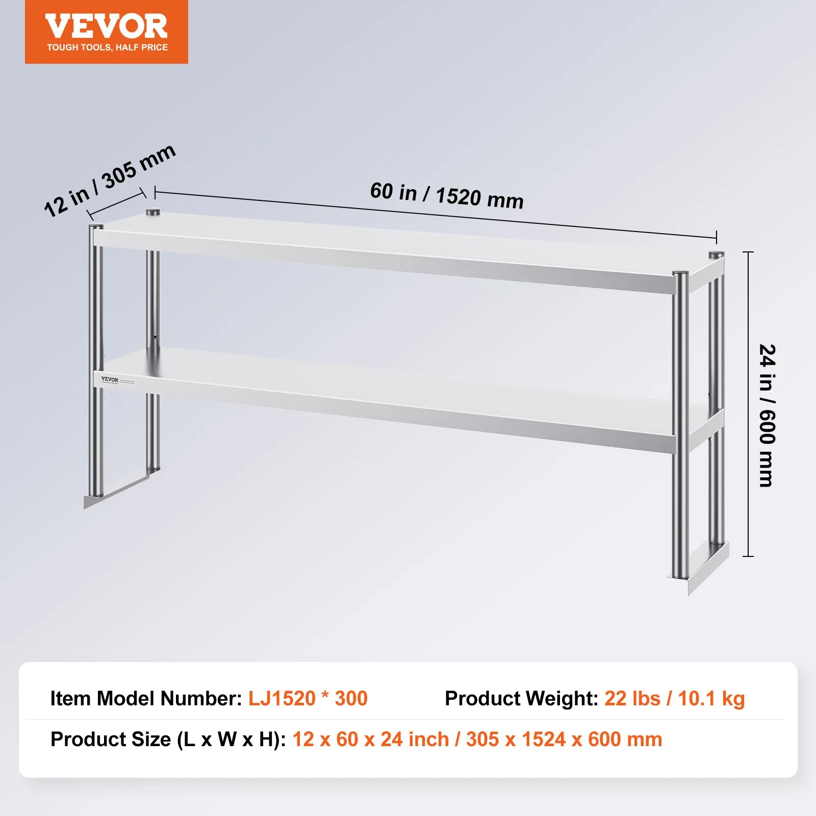 Nerezová regálová nadstavba - dvojitá, dvojúrovňová, výškovo nastaviteľná, rozmery 305 x 1524 x 600 mm, na prípravný stôl, do kuchyne, reštaurácie a dielne – Obrázok 4