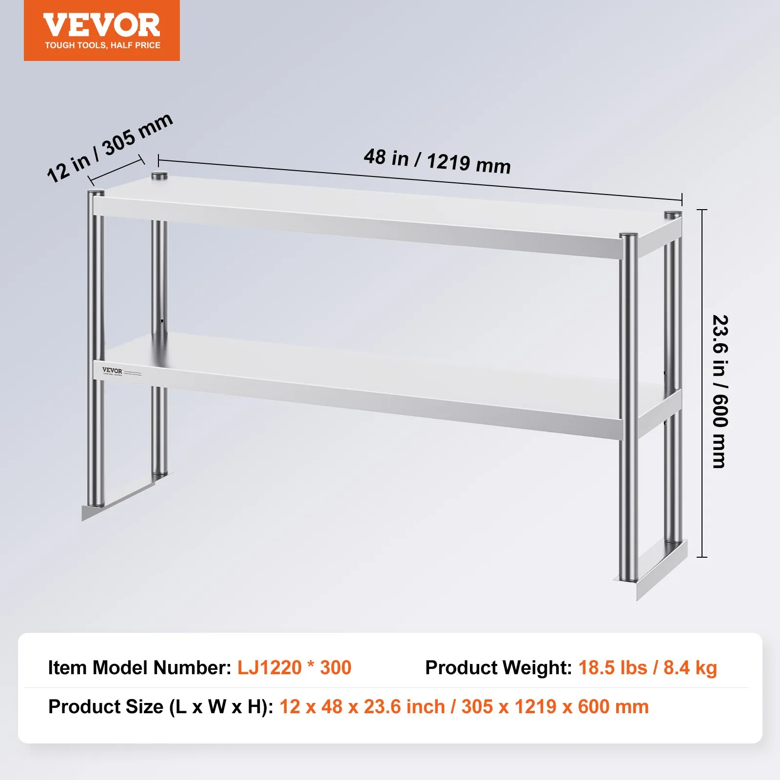 Nerezová regálová nadstavba - dvojitá, dvojúrovňová, výškovo nastaviteľná, rozmery 305 x 1524 x 600 mm, na prípravný stôl, do kuchyne, reštaurácie a dielne – Obrázok 2