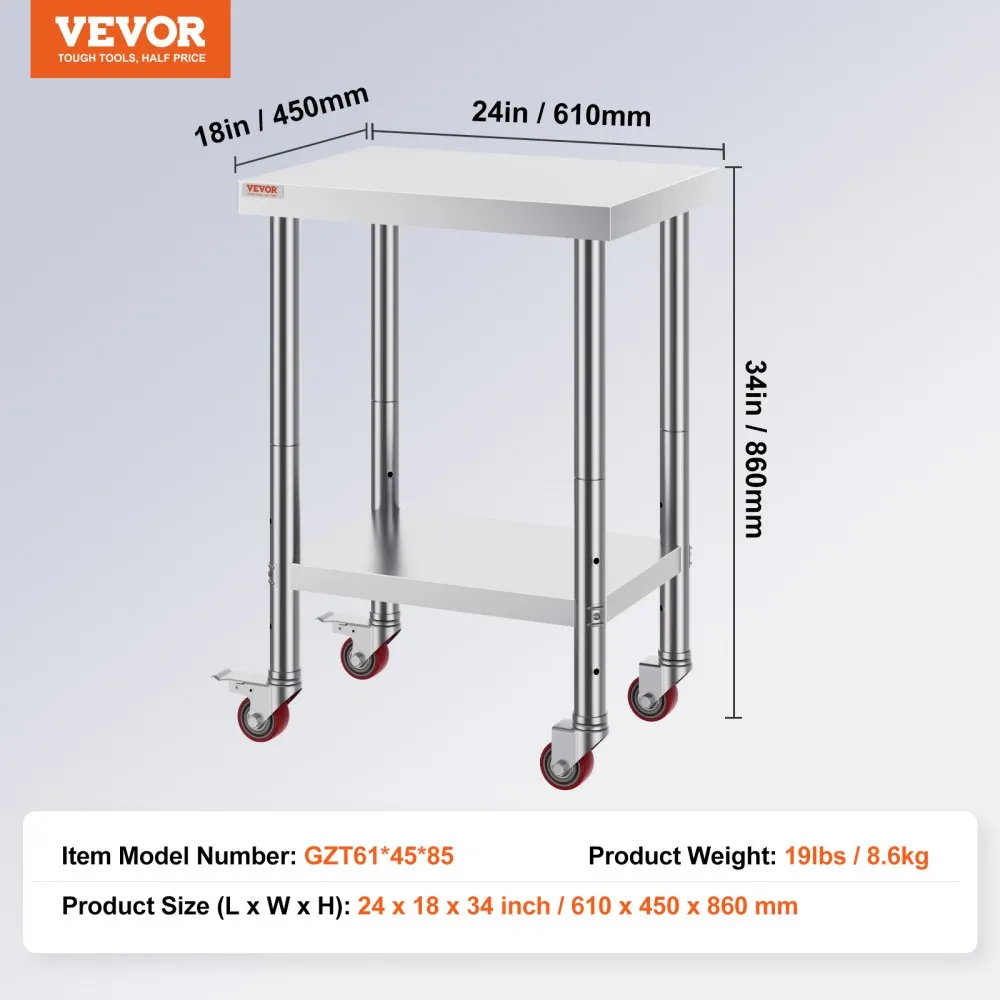 Nerezový pracovný stôl - cateringový, rozmery 609,6 x 457,2 x 863,6 mm, nosnosť 100 kg, na prípravu jedla, komerčný – Obrázok 3