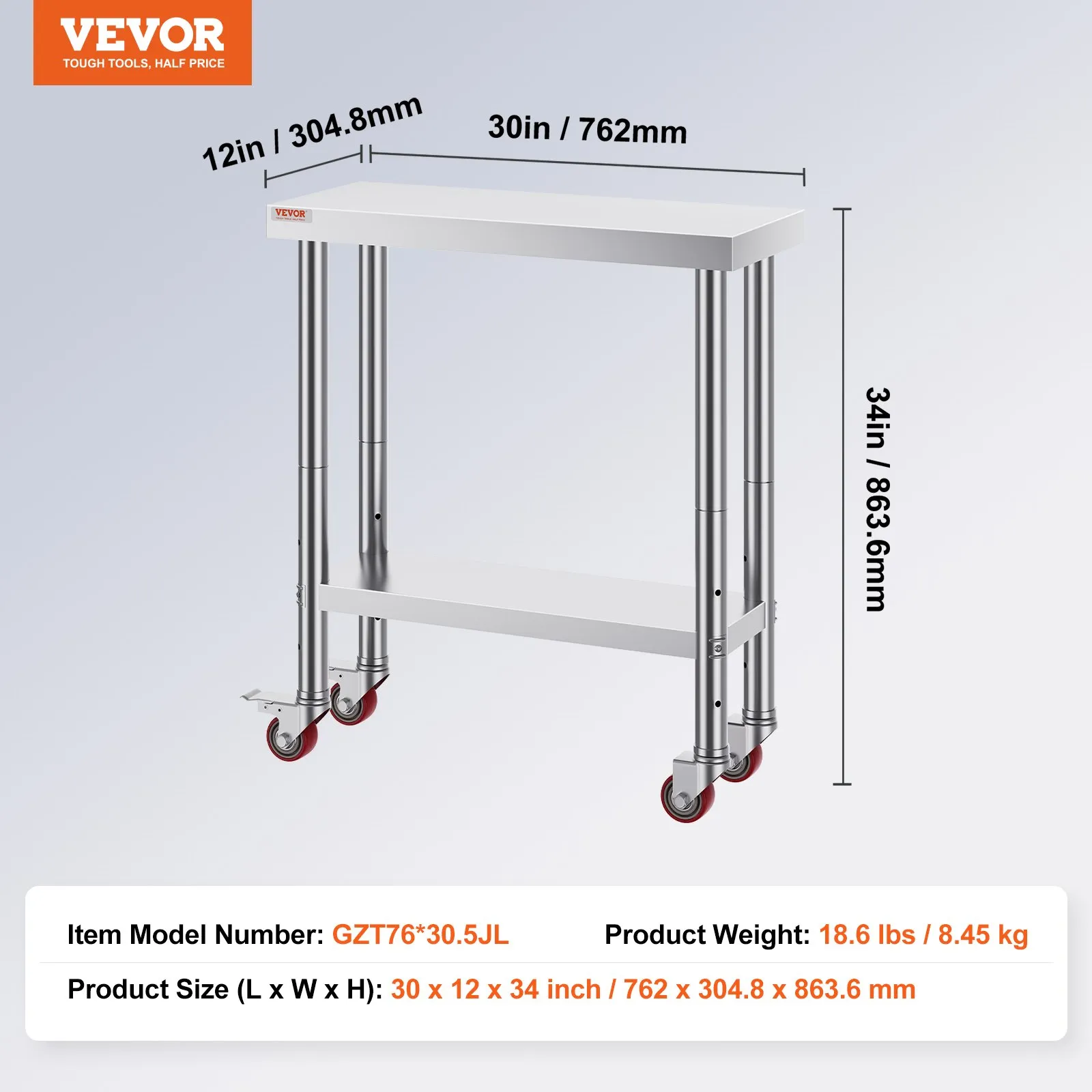 Nerezový pracovný stôl - cateringový, so 4 nastaviteľnými nohami, rozmery 762 x 304,8 x 863,6 mm, nosnosť cca 100 kg, do kuchyne, baru a reštaurácie – Obrázok 4