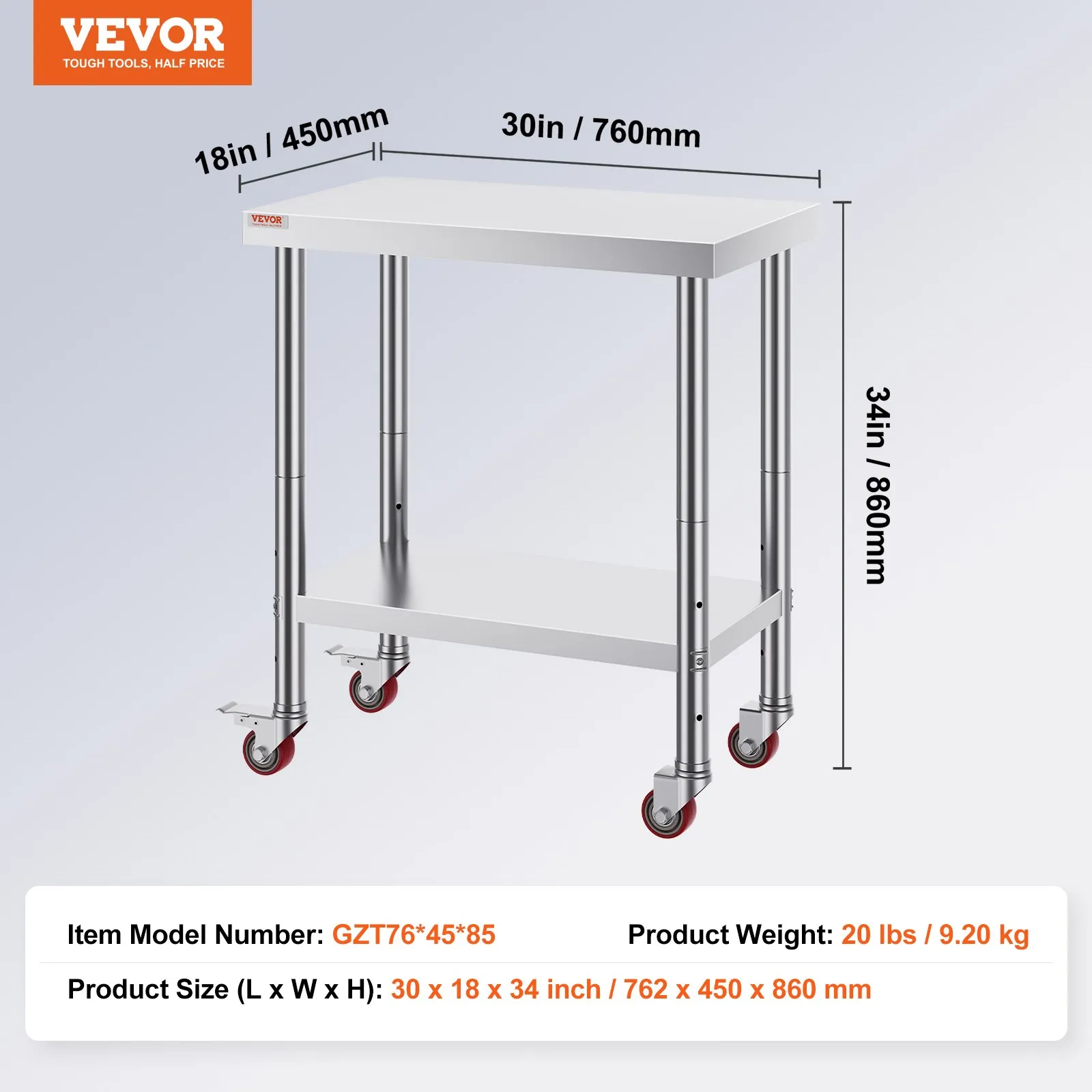 Nerezový pracovný stôl - cateringový, rozmery 762 x 457,2 x 863,6 mm, nosnosť cca 150 kg, na prípravu jedla, komerčný, do kuchyne, baru a reštaurácie, 4 nastaviteľné nohy – Obrázok 3