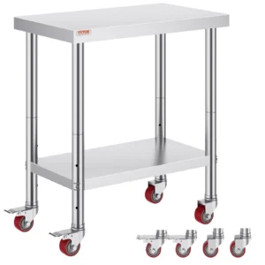 Nerezový pracovný stôl - cateringový, rozmery 762 x 457,2 x 863,6 mm, nosnosť cca 150 kg, na prípravu jedla, komerčný, do kuchyne, baru a reštaurácie, 4 nastaviteľné nohy