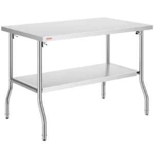 Nerezový pracovný stôl - skladací, komerčný, prípravný, dvojitý, rozmery 1220 x 762 mm, nosnosť 350 kg, strieborný kuchynský ostrovček