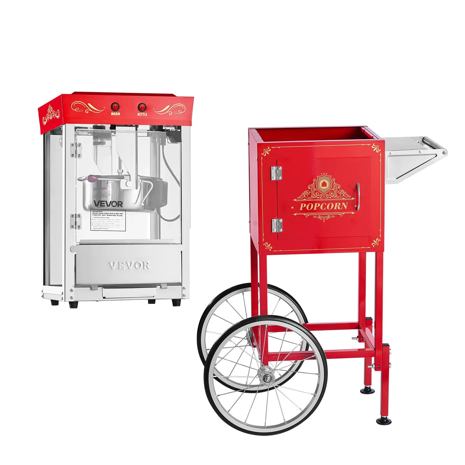 Štýlový stroj na popcorn s vozíkom — červený, 800 W – Obrázok 2