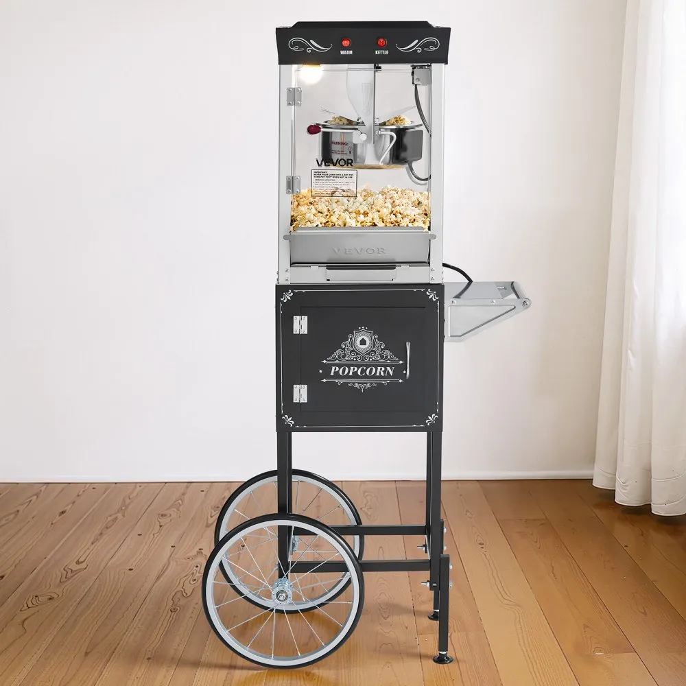 Štýlový stroj na popcorn s vozíkom — čierny, 800 W – Obrázok 7