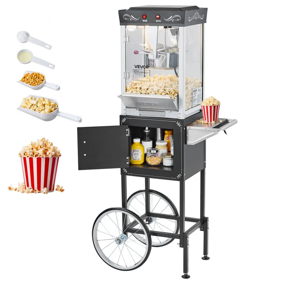 Štýlový stroj na popcorn s vozíkom — čierny, 800 W