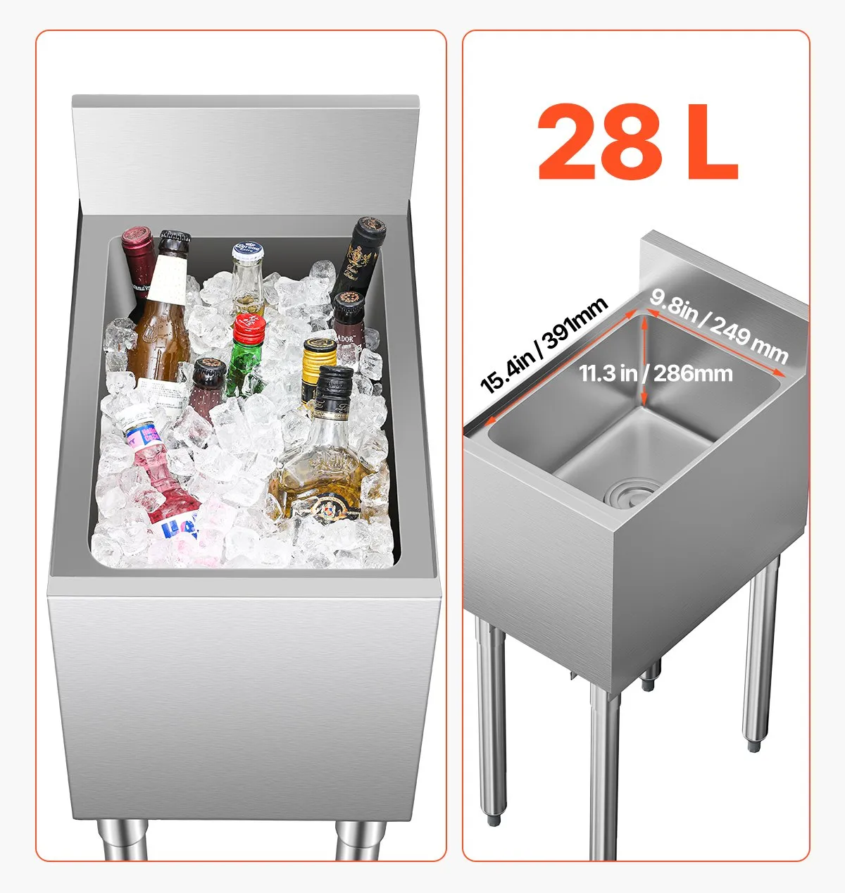 Nerezová nádoba na ľad - 28 l, zásobník pod kuchynskú linku, 305 x 483 x 937 mm, s posuvným vekom, nastaviteľné guľové nožičky, strieborná – Obrázok 9