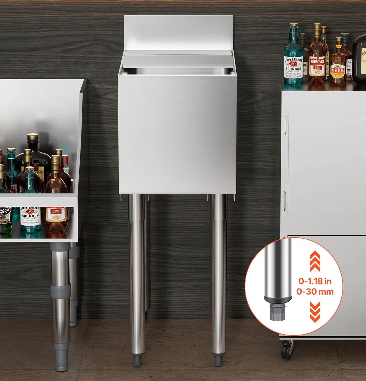 Nerezová nádoba na ľad - 28 l, zásobník pod kuchynskú linku, 305 x 483 x 937 mm, s posuvným vekom, nastaviteľné guľové nožičky, strieborná – Obrázok 7