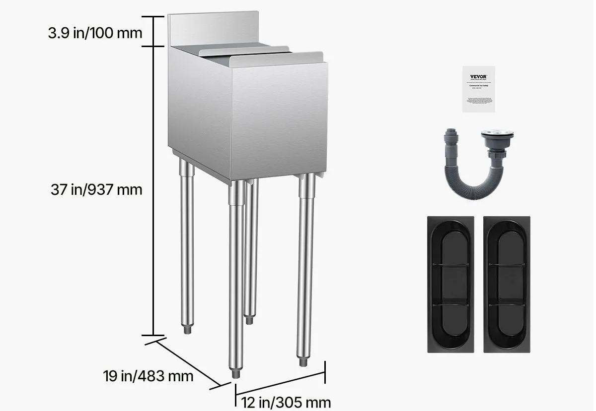 Nerezová nádoba na ľad - 28 l, zásobník pod kuchynskú linku, 305 x 483 x 937 mm, s posuvným vekom, nastaviteľné guľové nožičky, strieborná