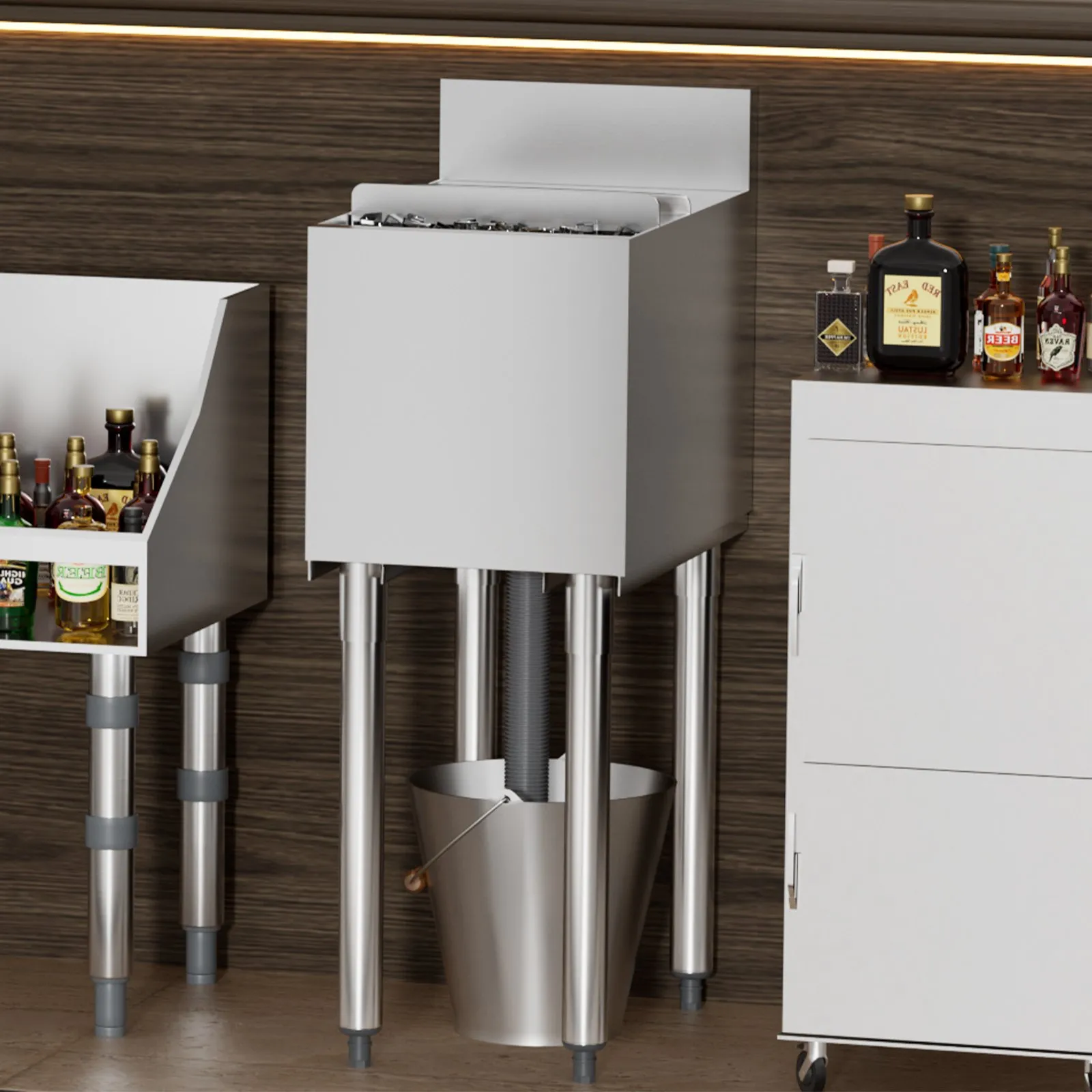 Nerezová nádoba na ľad - 28 l, zásobník pod kuchynskú linku, 305 x 483 x 937 mm, s posuvným vekom, nastaviteľné guľové nožičky, strieborná – Obrázok 4