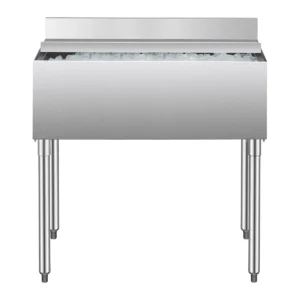 Nerezová nádoba na ľad - 95,3 l, zásobník pod kuchynskú linku, 913 x 483 x 937 mm, s posuvným vekom, nastaviteľné guľové nožičky, strieborná